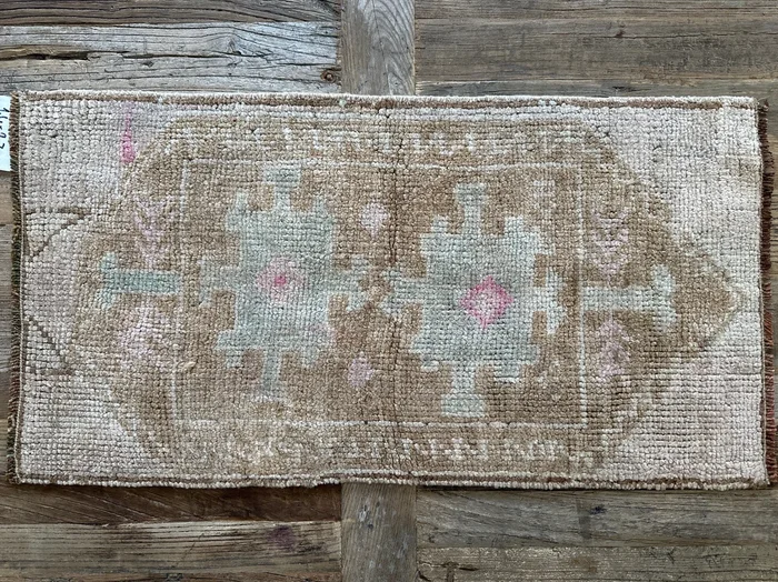 1’4 x 2’7 Antique Kars Rug Muted Camel, Slate Gray & Rose