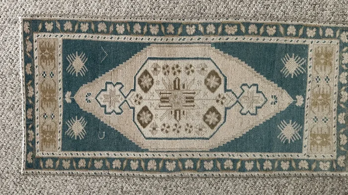 1’8 x 3’6 Vintage Turkish Taspinar Runner Muted Beige, Blue, & Camel 5716