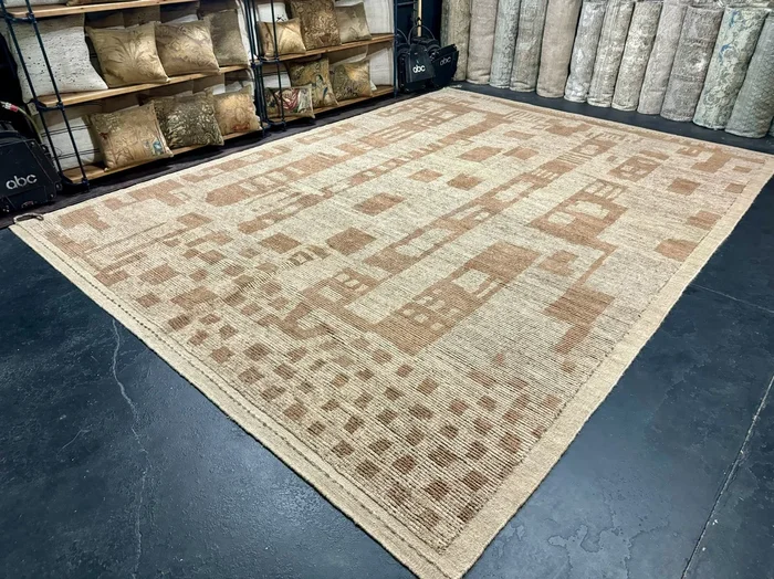 10’5 x 14’2 Moroccan Rug Pure Soft Organic Wool Natural Warm Copper-Beige and Gray-Beige MK4291
