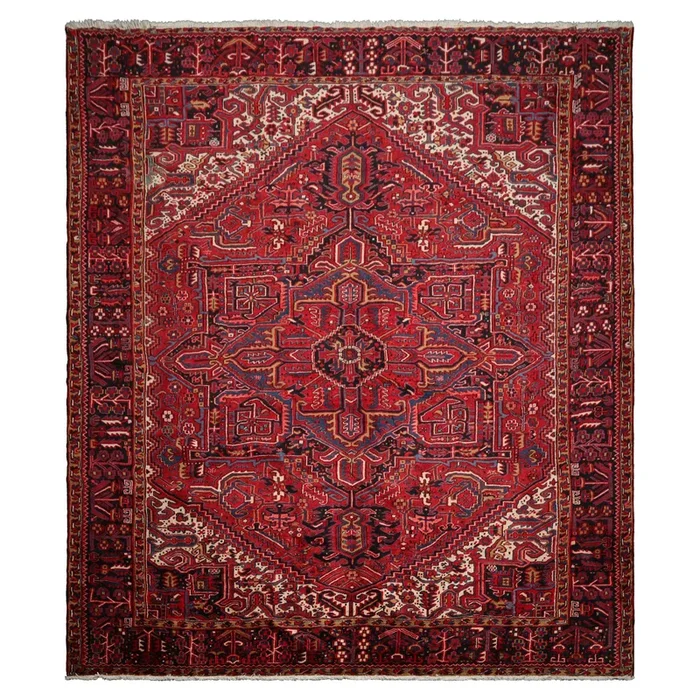 10’4”x12’1” Hand Knotted Wool Red Heriz Traditional Rug