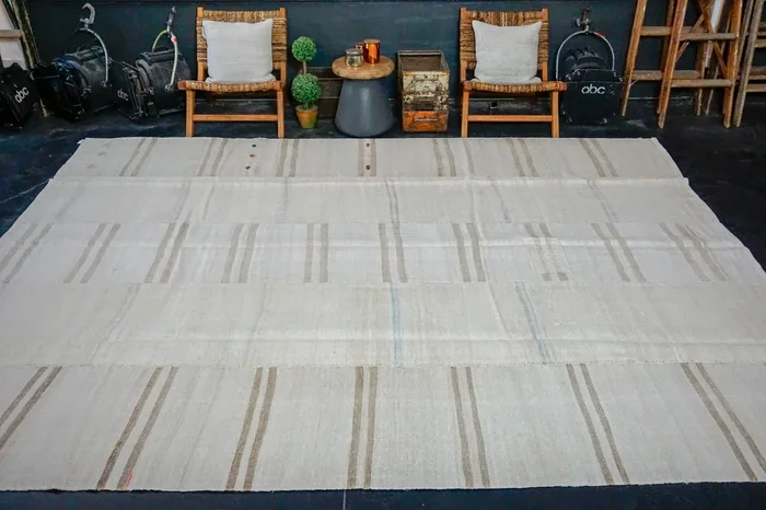 10’ x 11’10 Vintage Organic Hemp Rug Off White Flatweave MCM Kilim ‘3162
