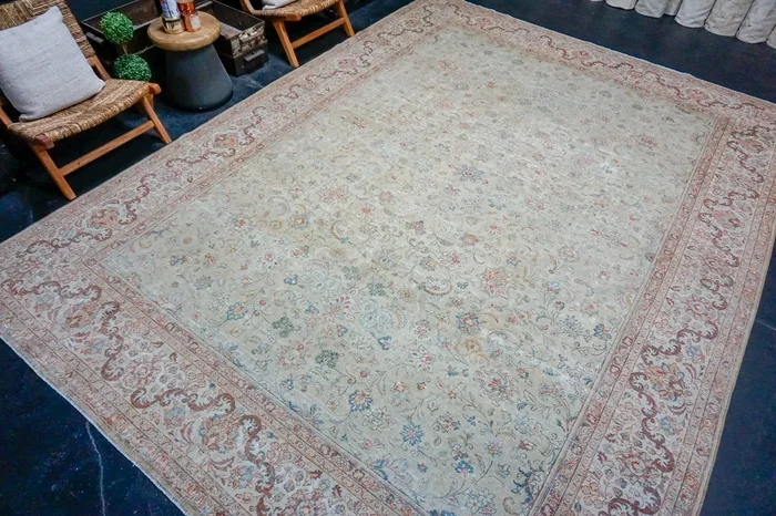 10’ x 13’5 Classic Vintage Rug Muted Golden Beige, Gray, Blue and Red Carpet ‘3890