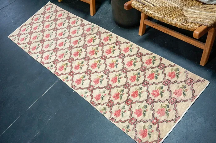 2’1 x 7’ Vintage Oushak Runner Camel Beige, Pink + Green ‘3832