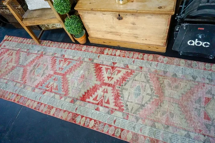 2’10 x 10’ Vintage Oushak Runner Muted Coral Red + Sky Blue ‘2590