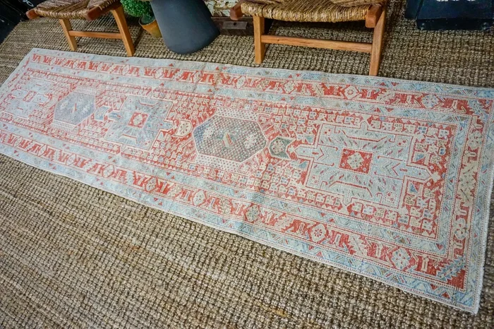 2’11 x 10’8 Classic Vintage Heriz Runner Muted Blue, Red + Cream ‘3274