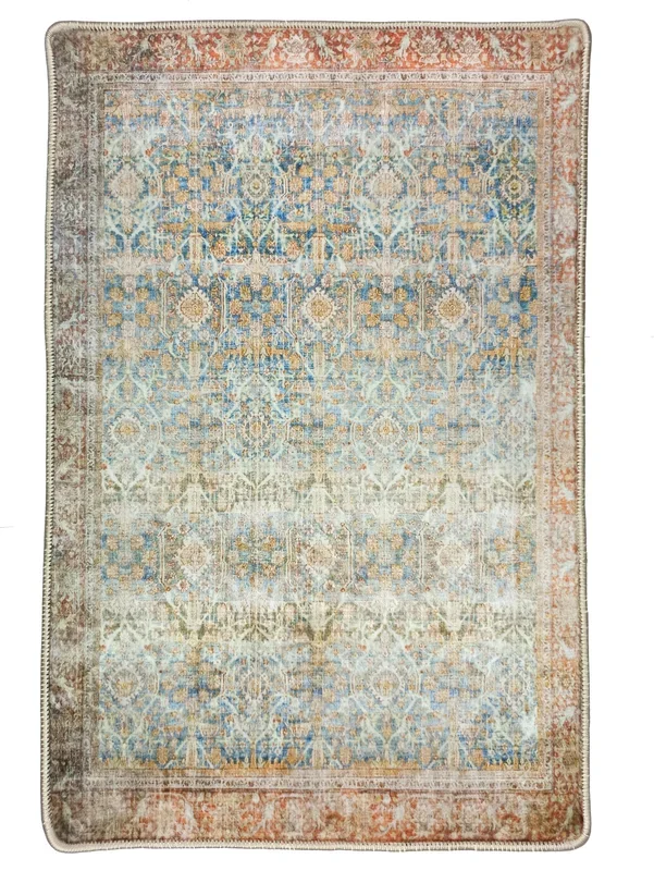 2×3 Persian Rug, Vintage Blue Terracotta Entryway Bedside Door Floor Mat Safe Non slip Bath Bathroom Kitchen Doormat Bohemian Decor Rugs