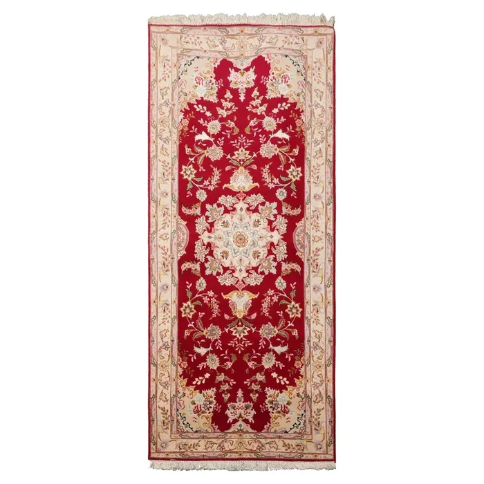 2’8”x6’7” Runner Hand Knotted Wool & Silk Red Tabriz Traditional 300 KPSI Rug