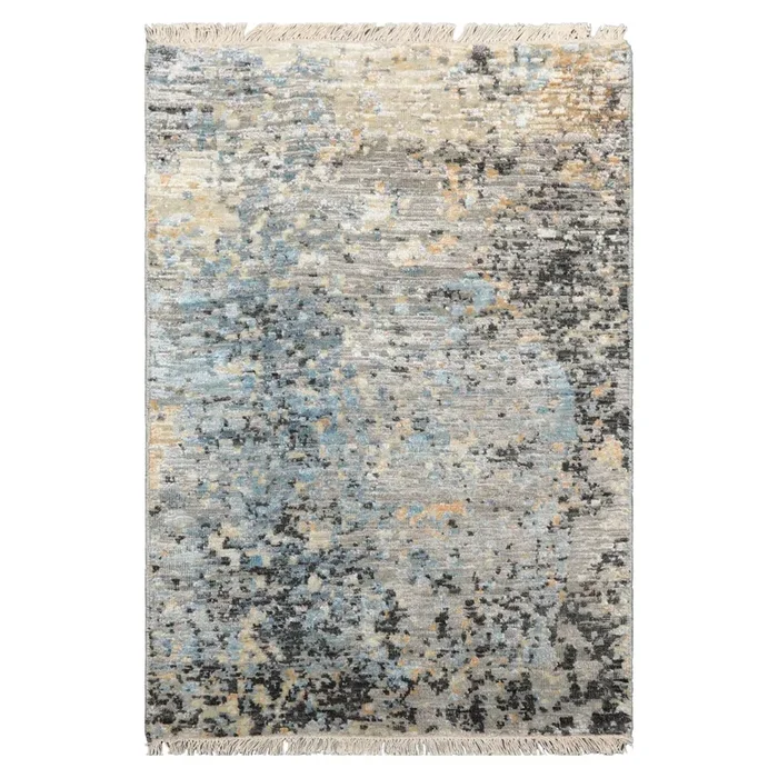 2’x3′ Gray Hand Knotted Tibetan Modern Abstract Wool and Bamboo Silk Oriental Area Rug