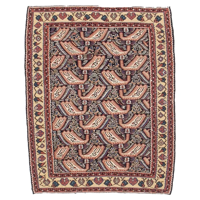 2′ 8″ x 3′ 4″ (03×03) Persian Senneh Kilim Blue/Gold Wool Area Rug #007180