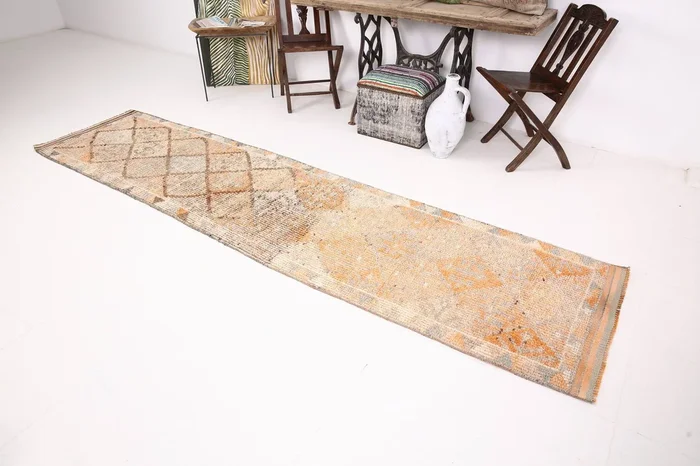 2′ x 11′ Tan-Ivory Turkish Vintage Herki Runner Rug – 6175