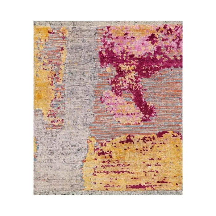 2′ x 2′ Hand Knotted Wool & Silk Square Modern Tibetan Oriental Area Rug Gold