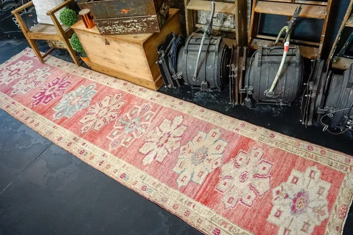 2’9 x 12’ Vintage Turkish Runner Muted Coral Pink, Tan and Violet ‘3082