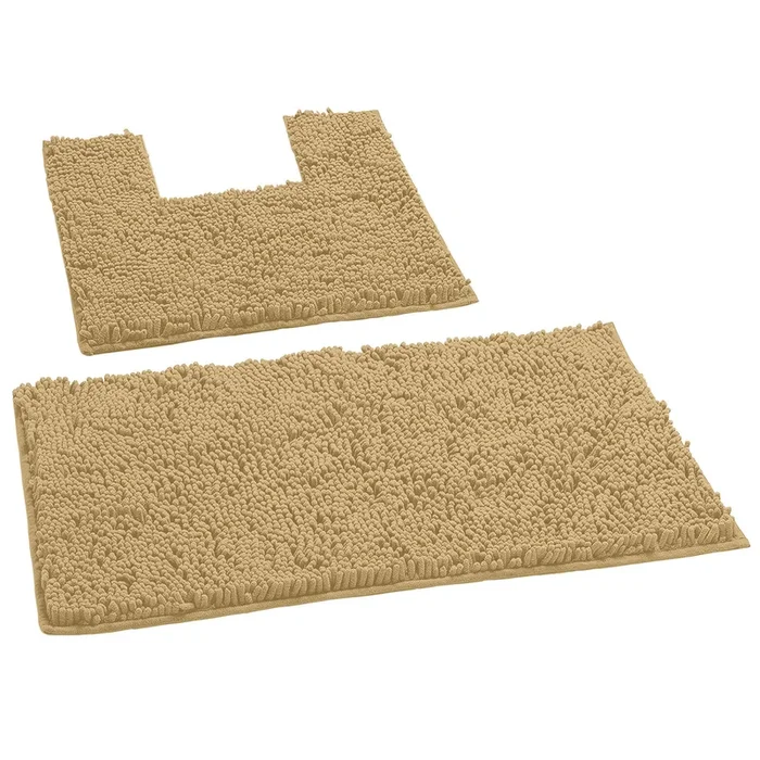 2 Piece Bath Rug + Square Cutout Toilet Mat Set, Beige
