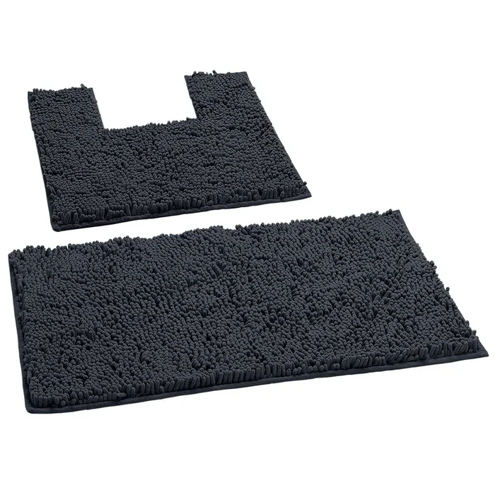 2 Piece Bath Rug + Square Cutout Toilet Mat Set, Charcoal