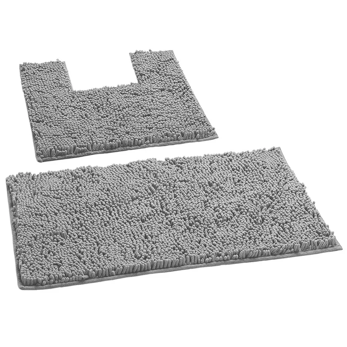 2 Piece Bath Rug + Square Cutout Toilet Mat Set, Grey