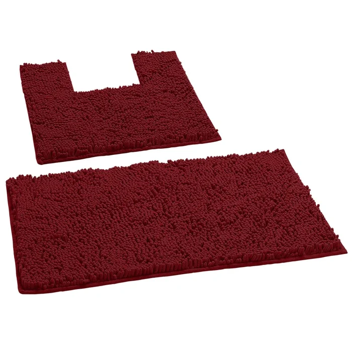2 Piece Bath Rug + Square Cutout Toilet Mat Set, Maroon