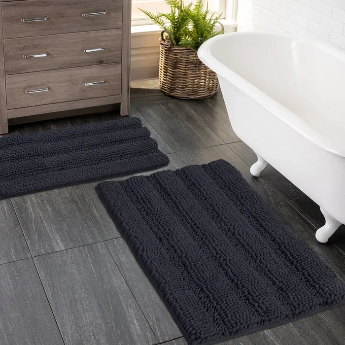 2 Piece Rectangular Bath Rug Set, 15×23 + 20×30 inch, Black
