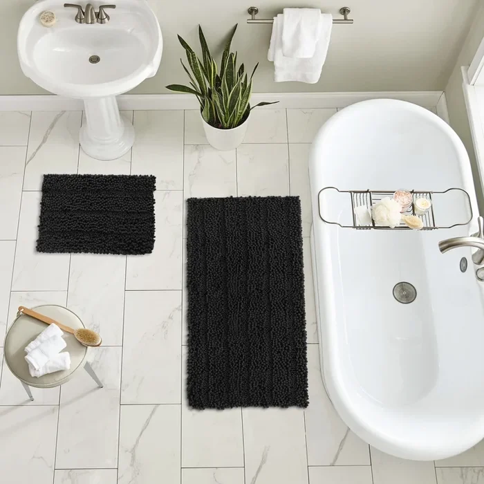2 Piece Rectangular Bath Rug Set, 15×23 + 24×36 inch, Black