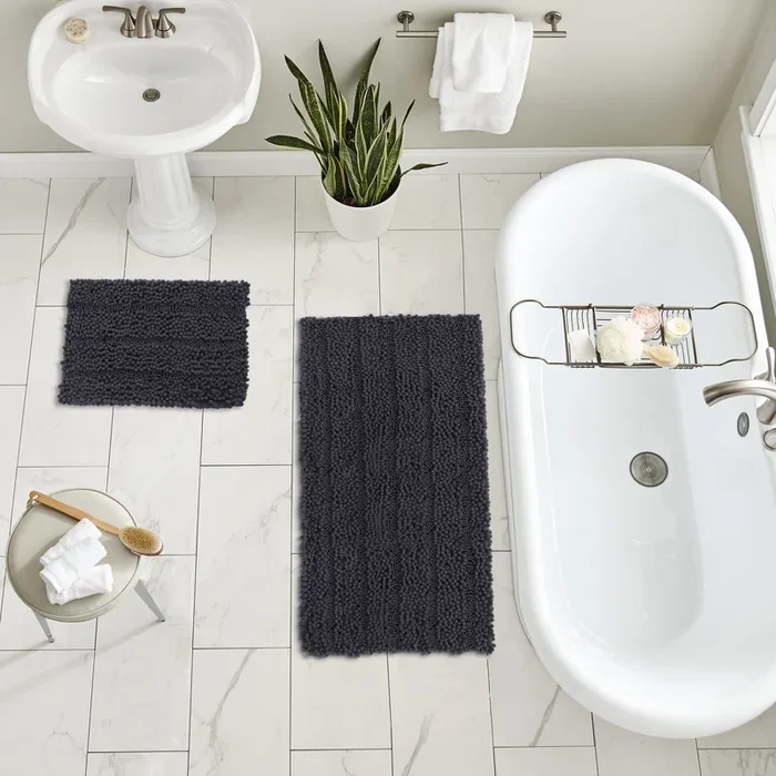 2 Piece Rectangular Bath Rug Set, 15×23 + 24×36 inch, Charcoal