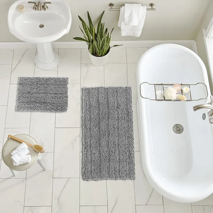 2 Piece Rectangular Bath Rug Set, 15×23 + 24×36 inch, Light Grey