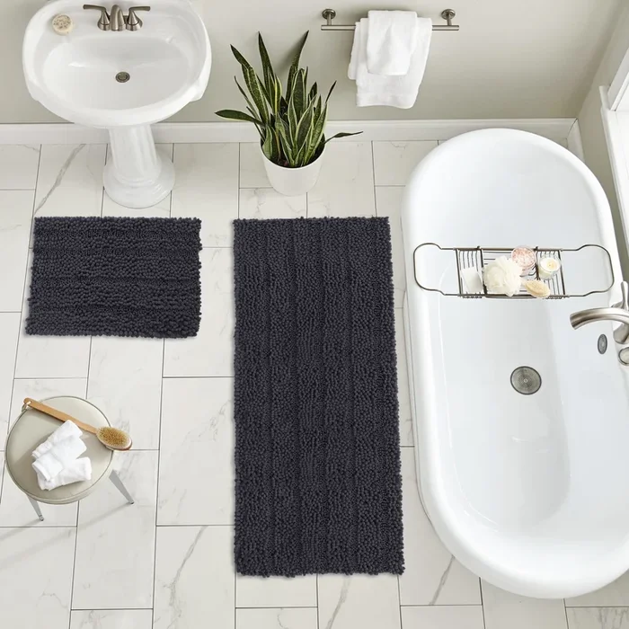 2 Piece Rectangular Bath Rug Set, 15×23 + 27×47 inch, Charcoal
