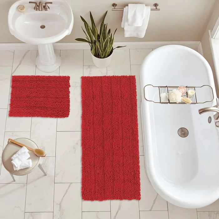 2 Piece Rectangular Bath Rug Set, 15×23 + 27×47 inch, Red