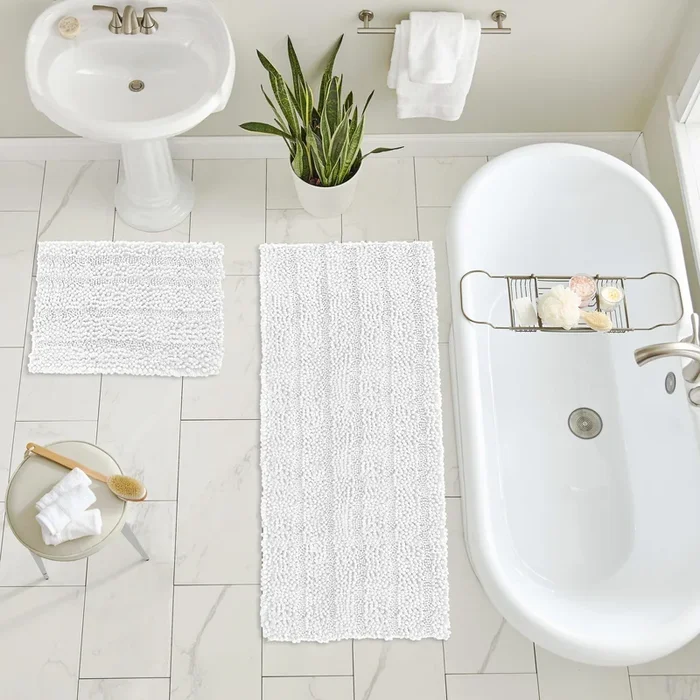 2 Piece Rectangular Bath Rug Set, 15×23 + 27×47 inch, White