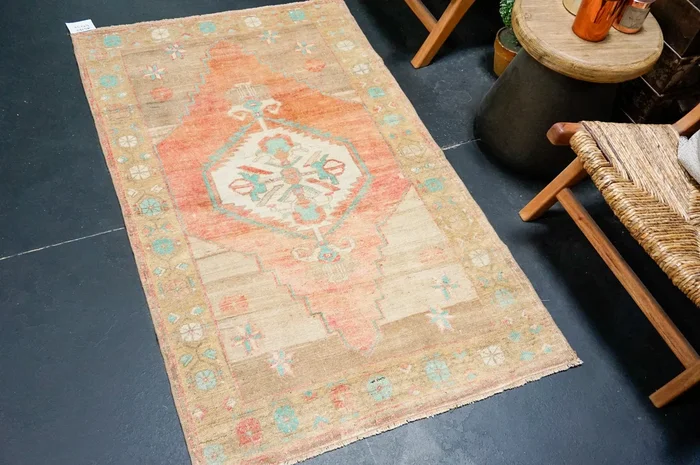 3’1 x 5’1 Antique Turkish Rug Camel, Salmon + Teal ‘4380