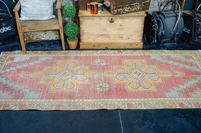 3’10 x 8’7 Vintage Turkish Runner Muted Coral Red, Gold + Blue-Gray Gallery Rug ‘2945