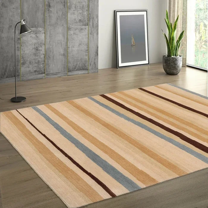 3×5 Hand-Knotted Contemporary Striped Tibetan Wool Area Rug Beige