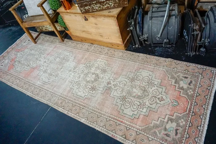 3’3 x 9’7 Vintage Turkish Runner Muted Coral Red, Light Brown, Gray and Purple ‘3020