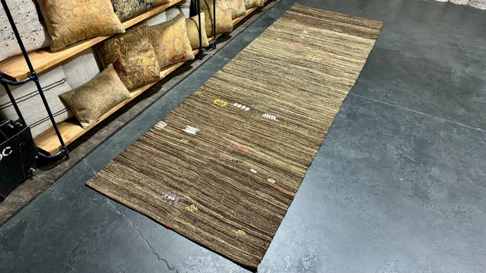 3’5 x 10’8 Vintage Turkish Kilim Runner, Hemp + Goat Hair Brown & Beige ‘5674