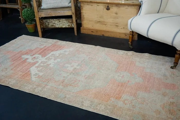 3’6 x 7’11 Vintage Oushak Runner Muted Apricot, Taupe & Blue ‘2447