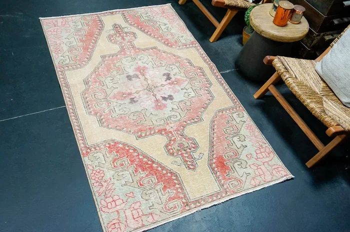3’8 x 6’4 Vintage Oushak Very Muted Camel Beige, Red & Sea Foam ‘4399
