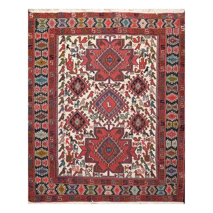 3’10” x 4’9″ Hand Knotted 100% Wool Flat pile Area Rug Traditional Ivory