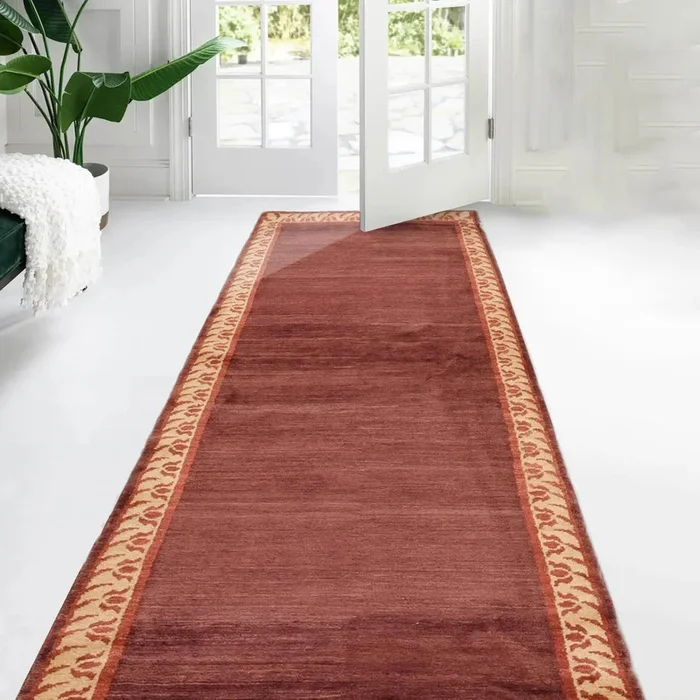 3’2”x13’9” Runner Rust, Beige Hand Knotted Tibetan 100% Wool Michaelian & Kohlberg Modern & Contemporary Oriental Area Rug