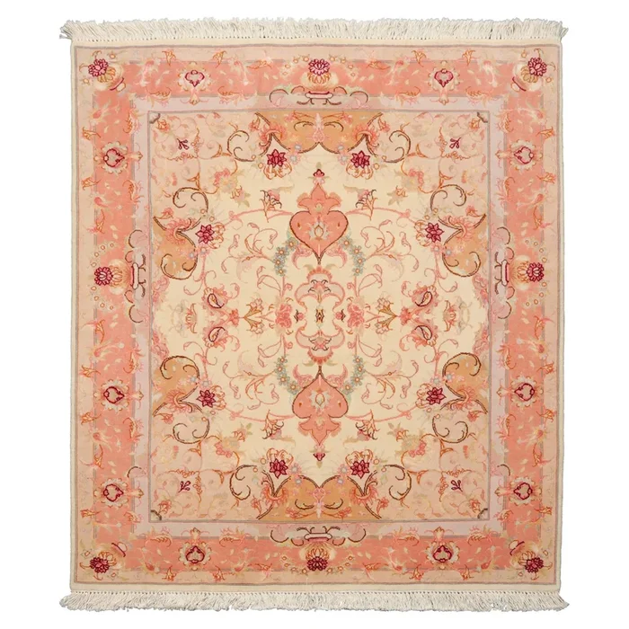 3’5”x3’1” Hand Knotted Wool & Silk Ivory Tabriz Traditional 300 KPSI Rug