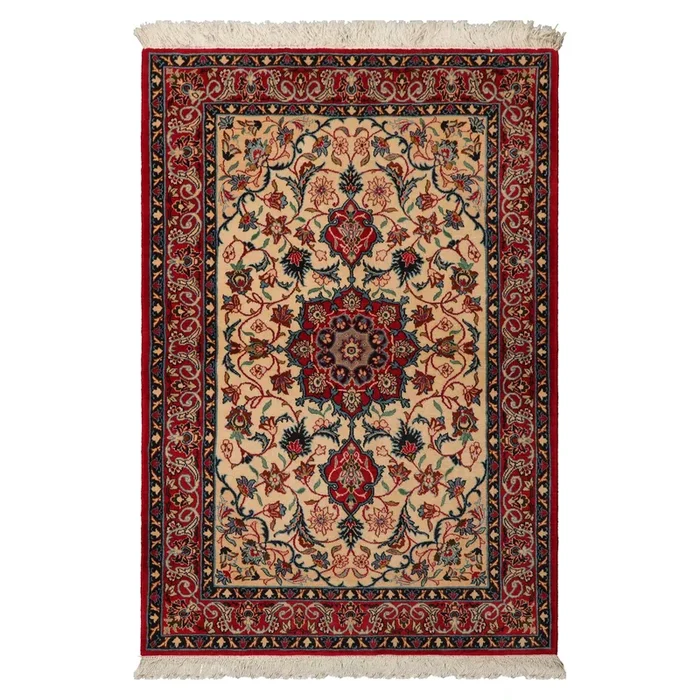 3’5”x5’4″ Beige Hand Knotted Espahan Traditional Medallion Wool Oriental Area Rug