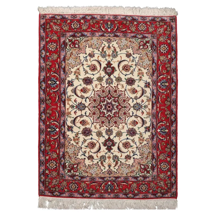 3’8”x5’4” Hand Knotted Wool & Silk Ivory Isfahan Traditional 400 KPSI Rug