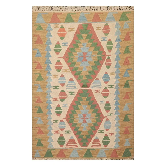 3’9″ x 5’2″ Hand Woven 100% Wool Southwestern Turkish Kilim Area Rug Beige