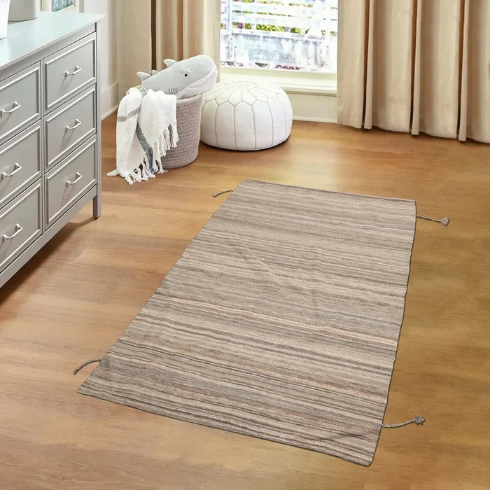 3’x5′ Beige Hand Knotted Afghan Moroccan Modern & Contemporary Stripes Wool Oriental Area Rug