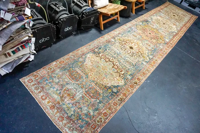 3’9 x 17’6 Classic Antique Runner Muted Blue, Rust, Olive + Gray ‘4501