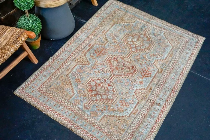 3’9 x 5’1 Classic Antique Rug Muted Denim, Copper + Cream Carpet SB ‘3648
