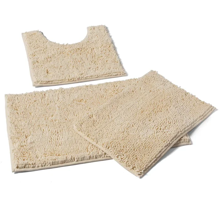 3 Piece Set (Style A) Bath Rugs + U Shape Toilet Mat, Cream