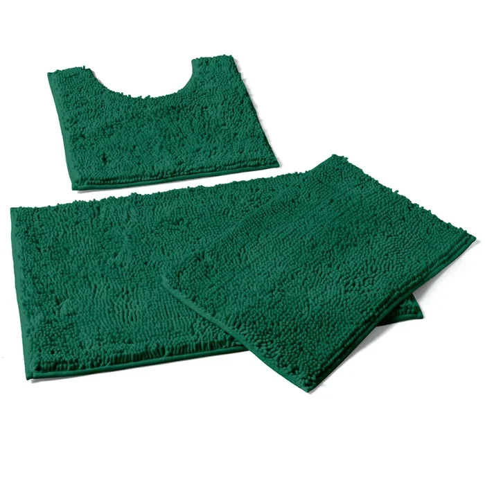 3 Piece Set (Style A) Bath Rugs + U Shape Toilet Mat, Kelly Green