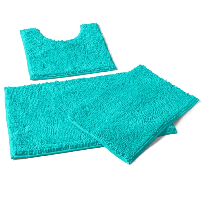 3 Piece Set (Style A) Bath Rugs + U Shape Toilet Mat, Light blue