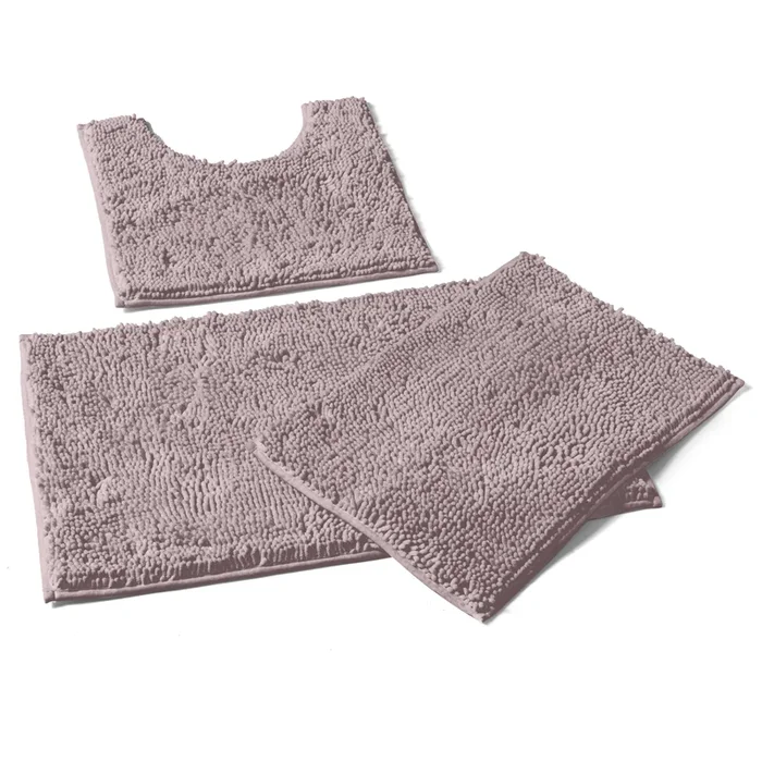 3 Piece Set (Style A) Bath Rugs + U Shape Toilet Mat, Mauve