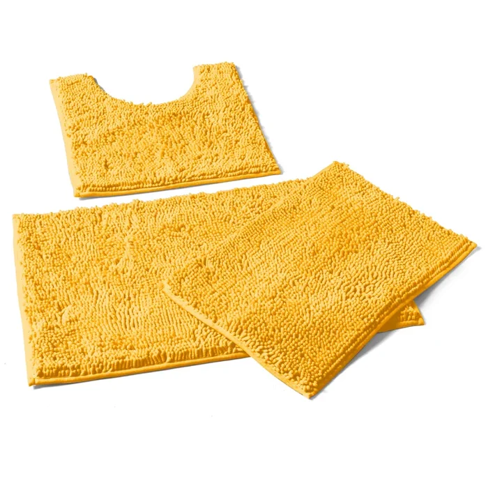 3 Piece Set (Style A) Bath Rugs + U Shape Toilet Mat, Mustard