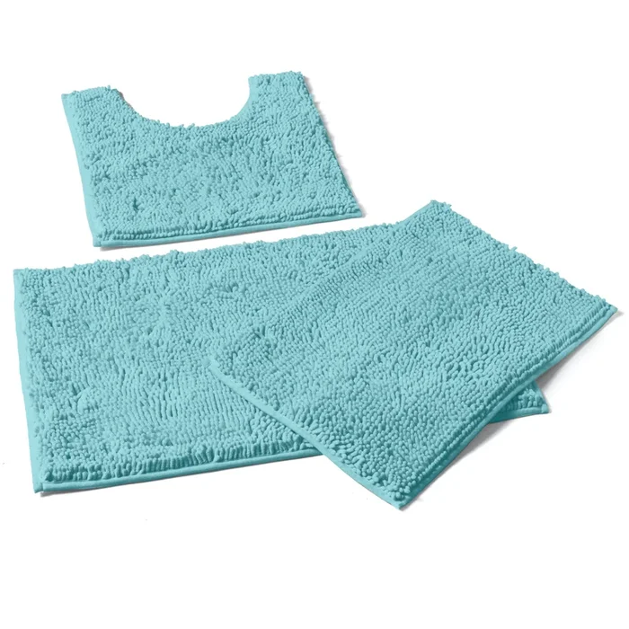 3 Piece Set (Style A) Bath Rugs + U Shape Toilet Mat, Spa Blue