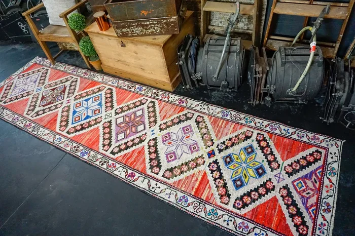3’ x 10’9 Turkish Oushak Runner Red, White, Black & Blue ‘3070
